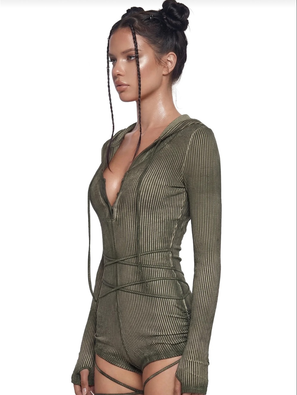 Dolls Kill Darker Wavs Crossfade Ribbed Hooded Long-Sleeve Romper in Olive Green